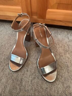 Coach Metallic Silver Leather Block Heel Sandals heel approximately 5”